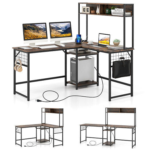 L-shaped Desk with Power Outlet Hutch-Rustic Brown-2
