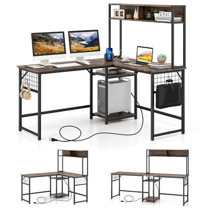 L-shaped Desk with Power Outlet Hutch-Rustic Brown-2
