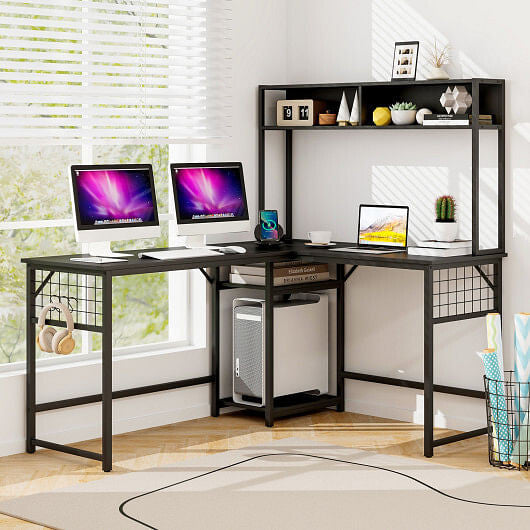 L-shaped Desk with Power Outlet Hutch-Rustic Brown-5