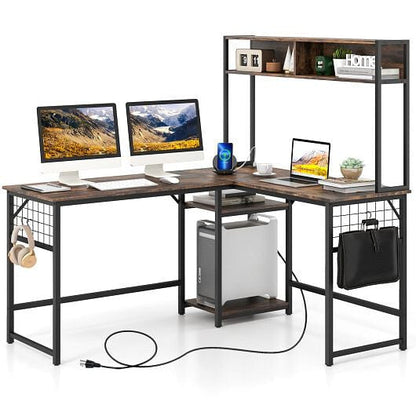 L-shaped Desk with Power Outlet Hutch-Rustic Brown-9