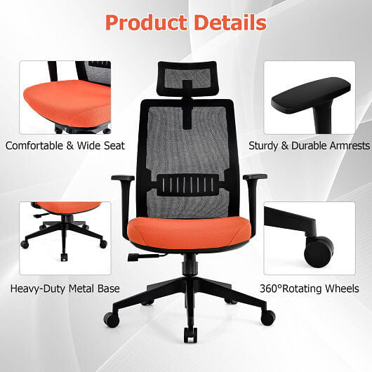 Ergonomic Office Chair with Lumbar Support and Adjustable Headrest-Black-3
