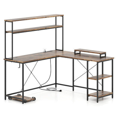 L-Shaped Reversible Gaming Desk with LED Strip and Power Outlets Hutch Monitor Stand-Rustic Brown-2