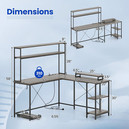 L-Shaped Reversible Gaming Desk with LED Strip and Power Outlets Hutch Monitor Stand-Rustic Brown-13