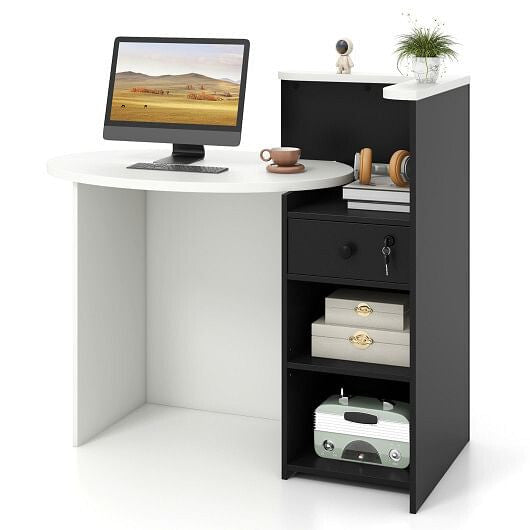 Front Reception Office Desk with Open Shelf and Drawer-Black & White-2