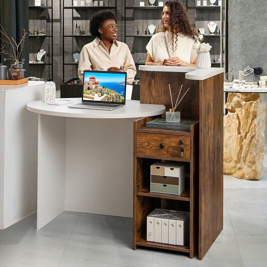 Front Reception Office Desk with Open Shelf and Drawer-Black & White-6
