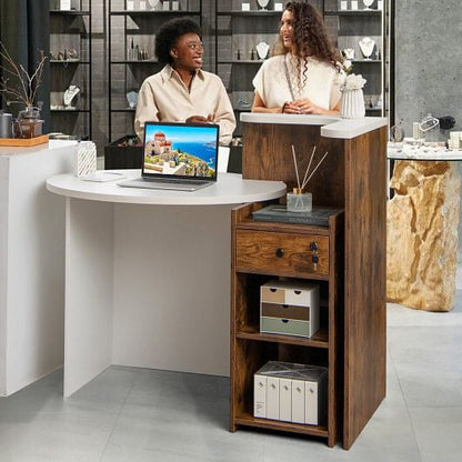 Front Reception Office Desk with Open Shelf and Drawer-Black & White-6