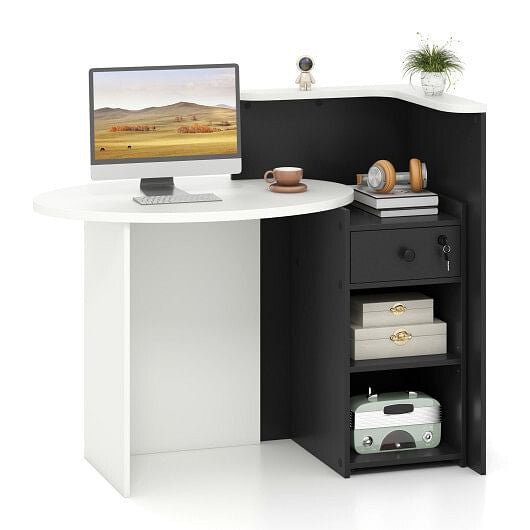 Front Reception Office Desk with Open Shelf and Drawer-Black & White-9