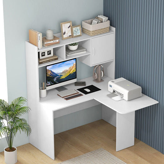 L-Shaped Desk Corner Computer Desk with Open Storage Hutch and Cabinet-White