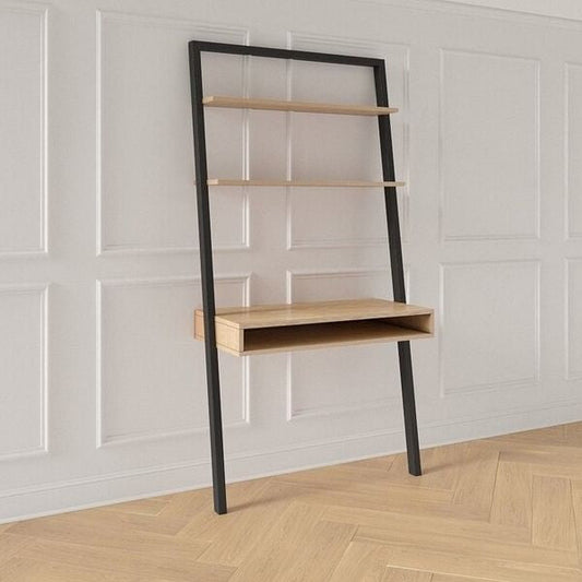 Farmhouse Rustic Oak Black Leaning Ladder Writing Desk 2 Shelves-0