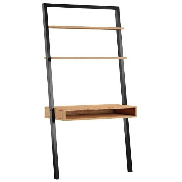 Farmhouse Rustic Oak Black Leaning Ladder Writing Desk 2 Shelves-1