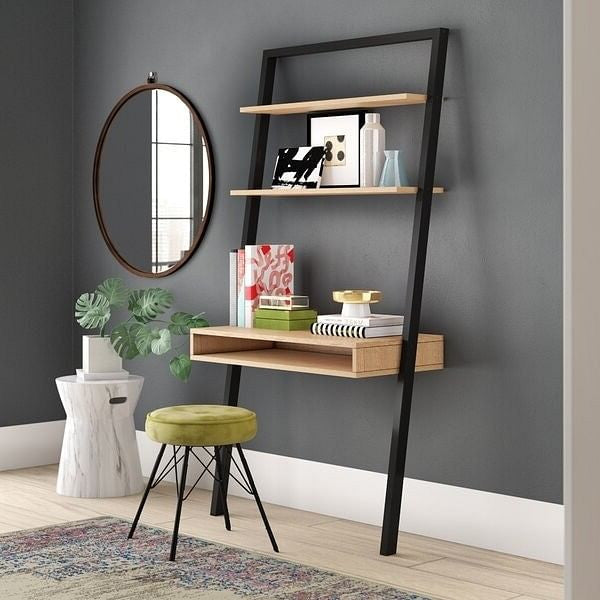 Farmhouse Rustic Oak Black Leaning Ladder Writing Desk 2 Shelves-2