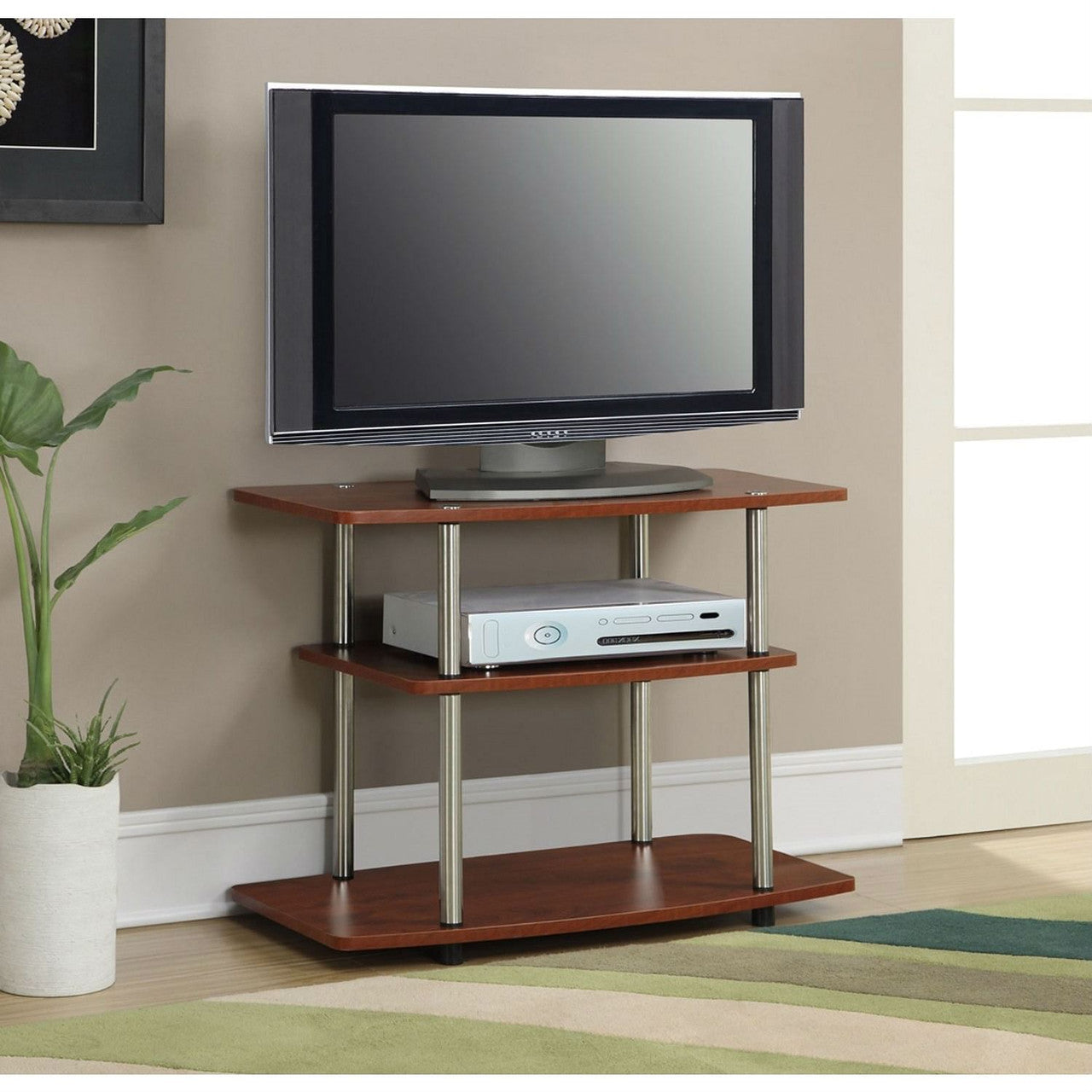 Modern Wood and Metal TV Stand in Cherry Brown Finish-1