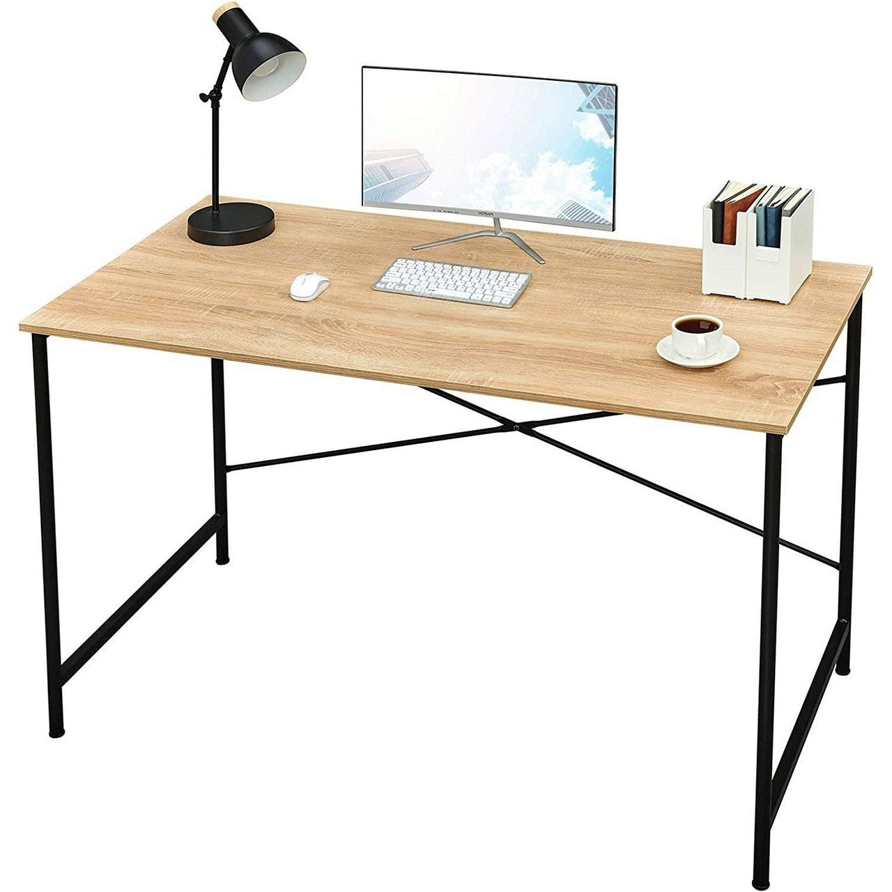 Modern Home Office Computer Desk Table with Black Metal Frame Wood Top in Oak-0