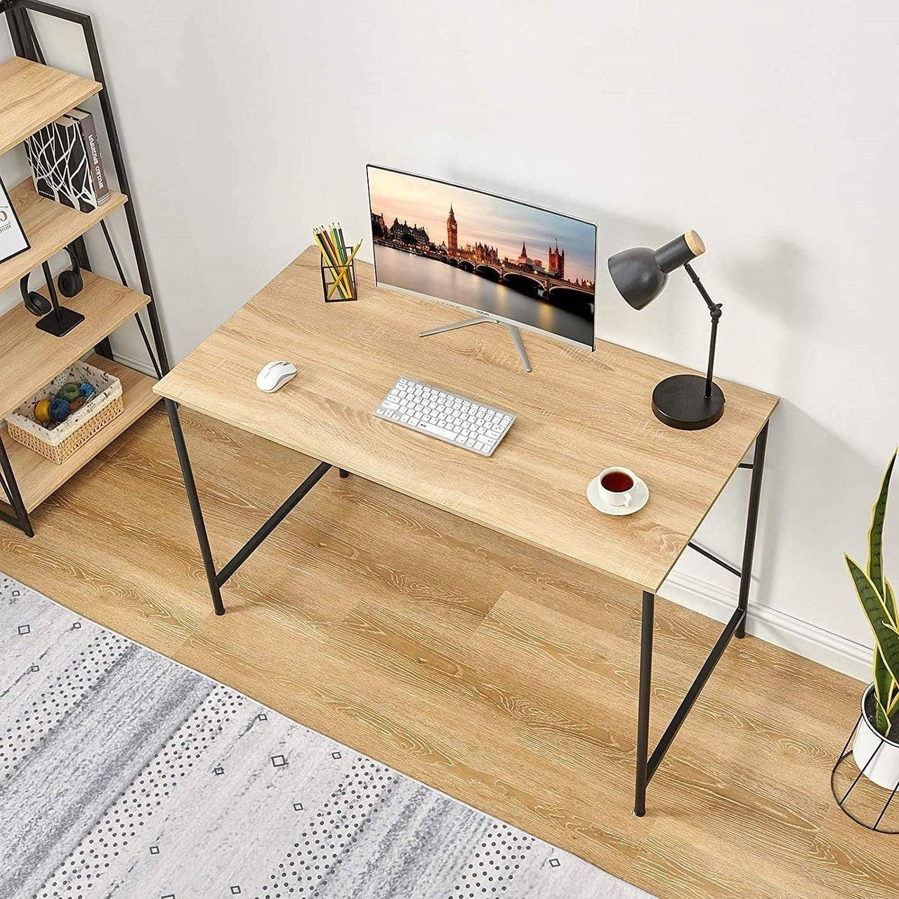 Modern Home Office Computer Desk Table with Black Metal Frame Wood Top in Oak-1