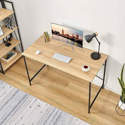Modern Home Office Computer Desk Table with Black Metal Frame Wood Top in Oak-1
