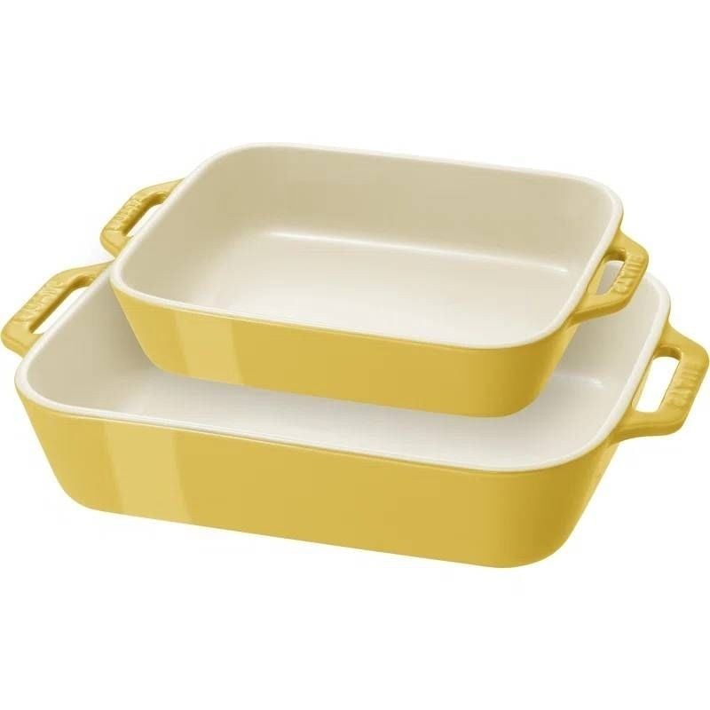 2 Piece Ceramic Stoneware Bakeware Casserole Baking Dish Set in Yellow / Ivory-2
