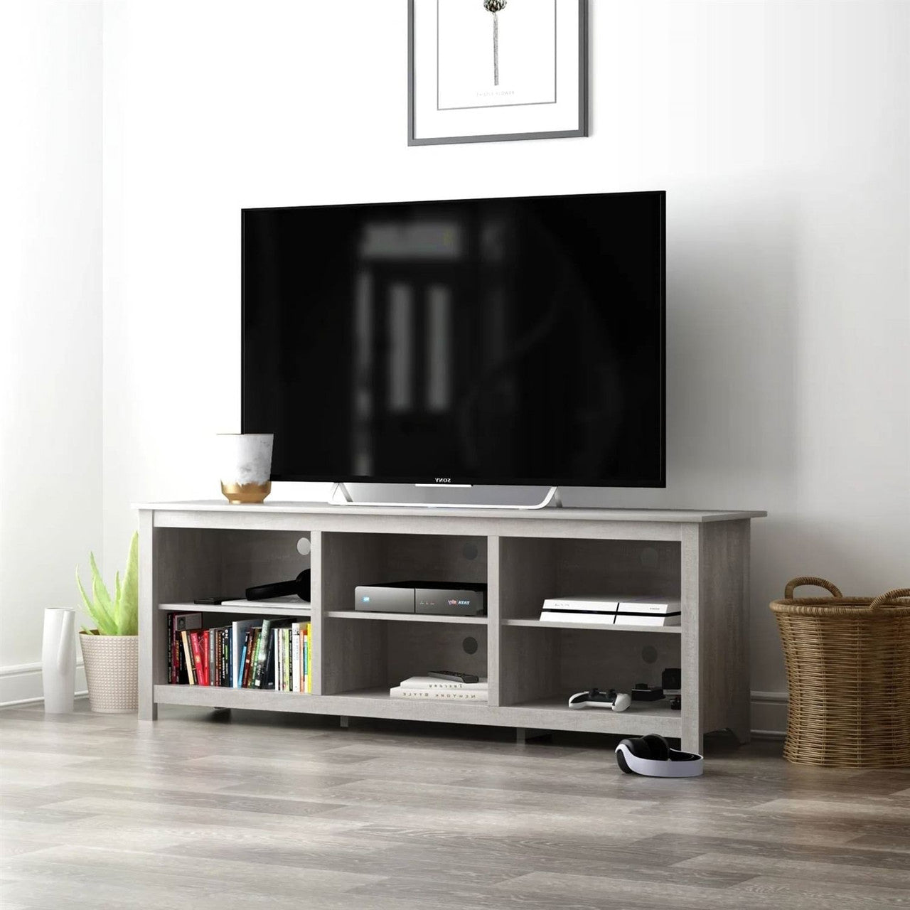 Farmhouse Style TV Stand in Light Grey Oak Wood Finish - for TVs up to 70-inch-0