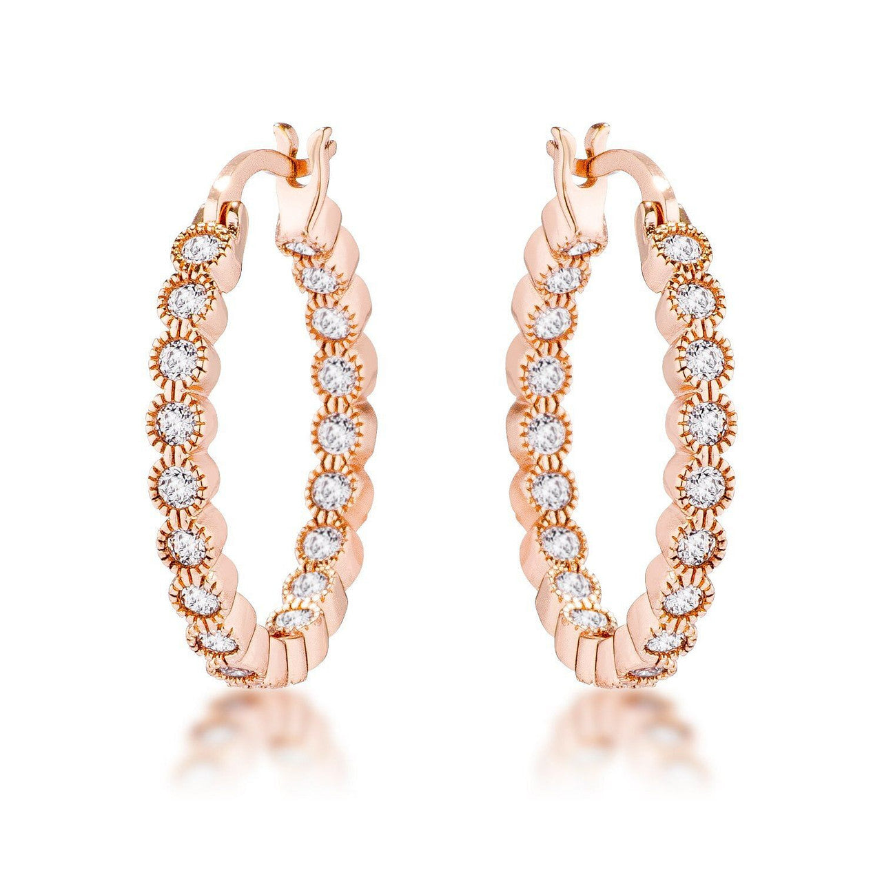 Rose Gold Plated Dotted Clear CZ Round Bezel Hoop Earrings