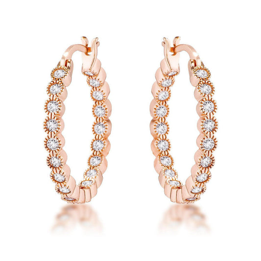 Rose Gold Plated Dotted Clear CZ Round Bezel Hoop Earrings