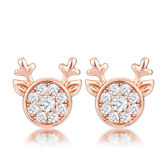 18k Rose Gold Plated Clear CZ Reindeer Earrings-0