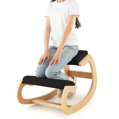 Wooden Rocking Chair with Comfortable Padded Seat Cushion and Knee Support-Black-4