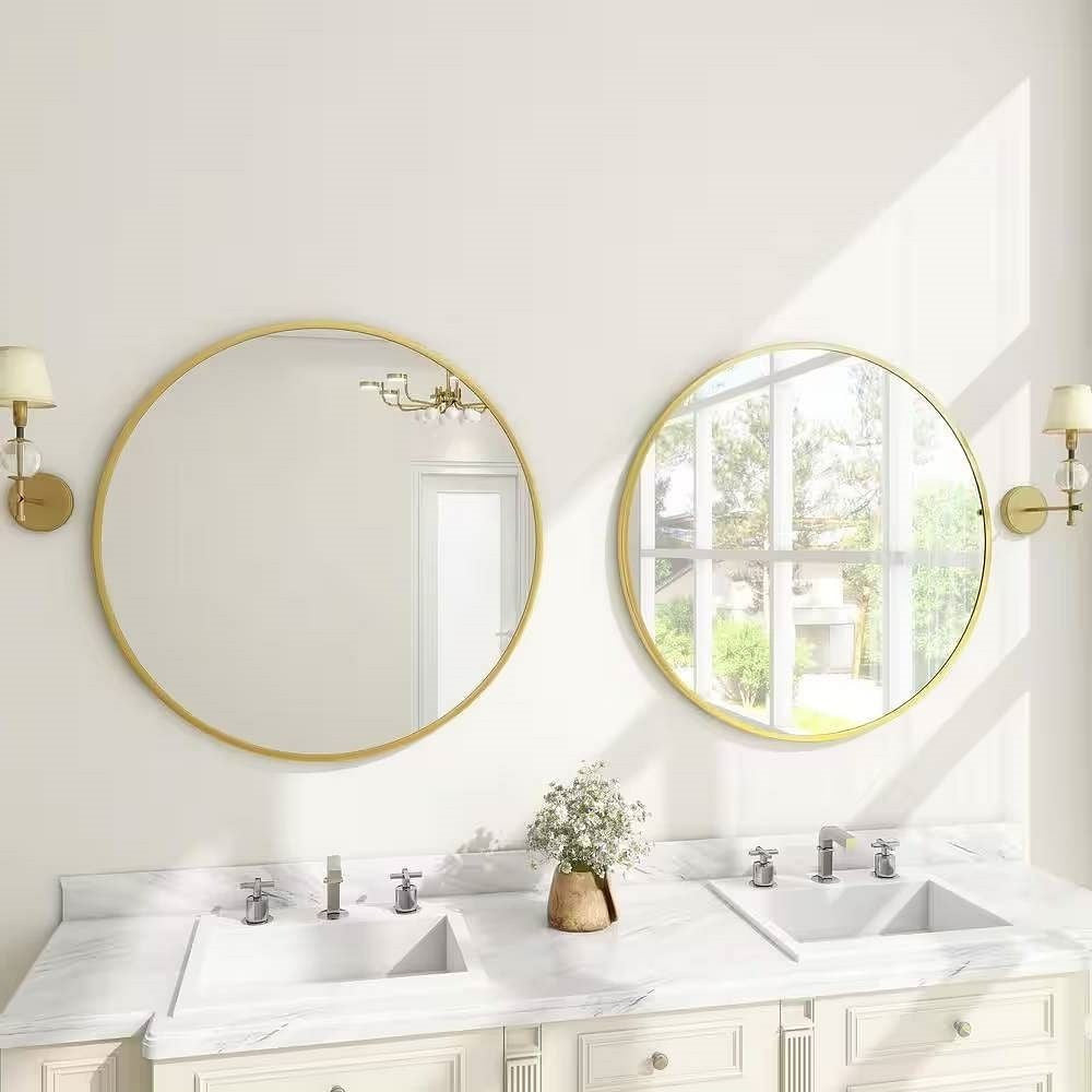 Round 30-inch Circular Bathroom Wall Mirror with Gold Frame-0
