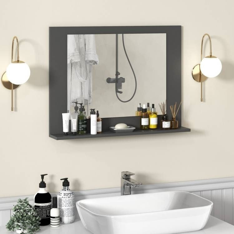 Rectangular 23 x 17 inch Bathroom Mirror with Storage Shelf in Grey Wood Finish-1