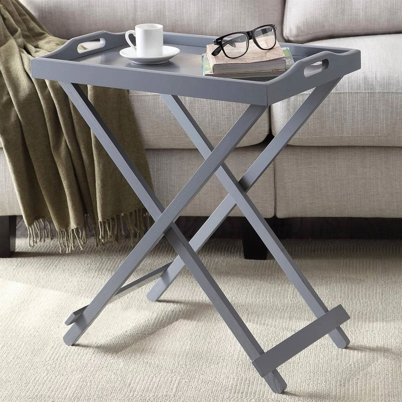 Folding TV Tray Bedside Table in Grey Wood Finish-2