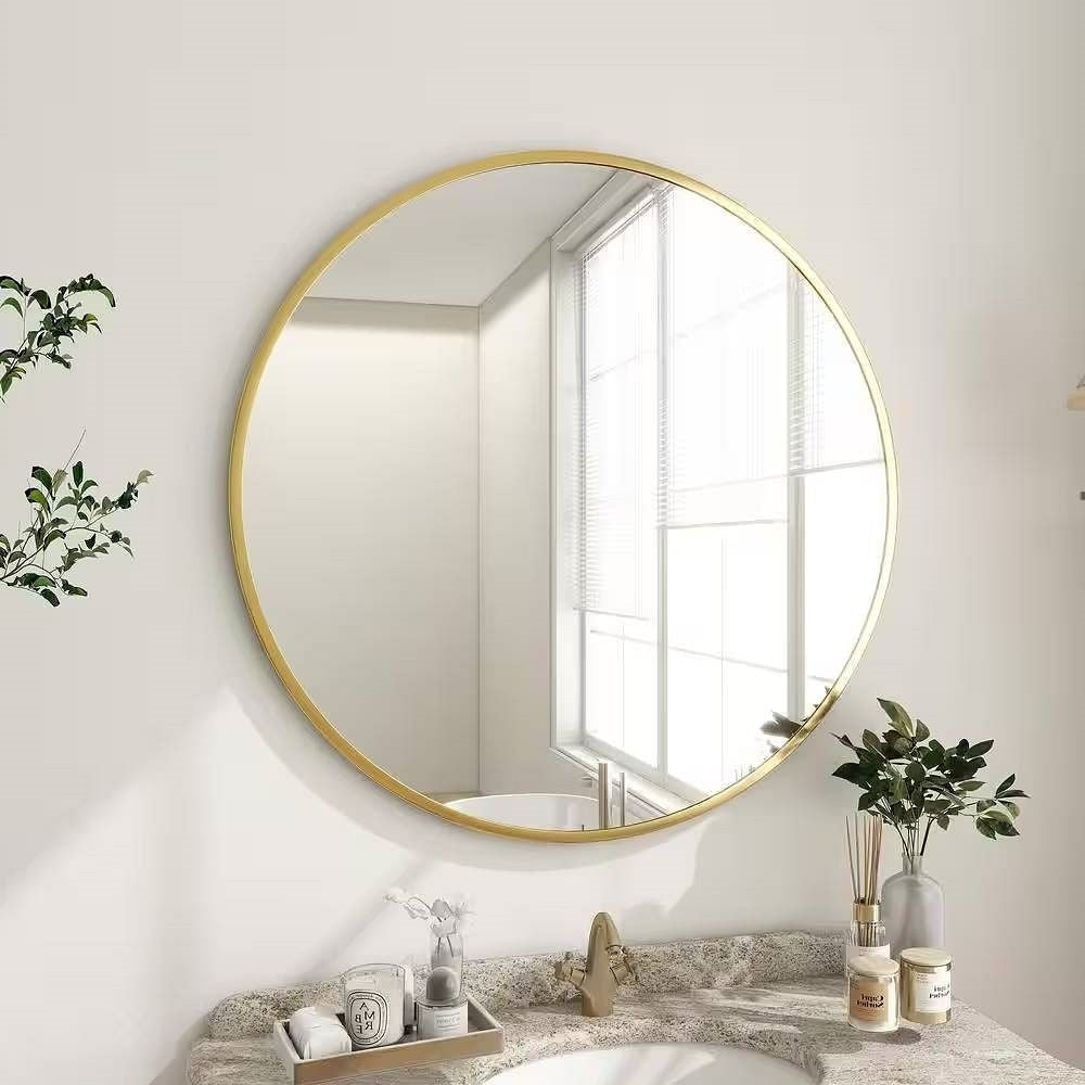 Round 24-inch Circular Bathroom Wall Mirror with Gold Frame-1