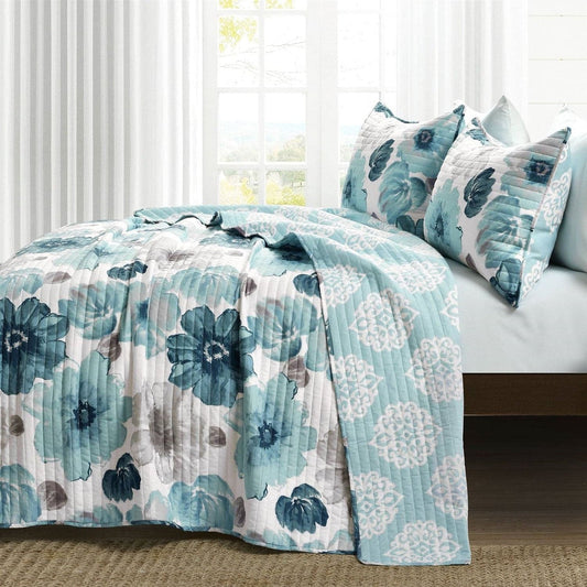 King size Blue Grey Flowers Lightweight Polyester Microfiber Quilt Set-0