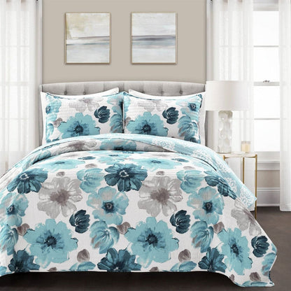 King size Blue Grey Flowers Lightweight Polyester Microfiber Quilt Set-2
