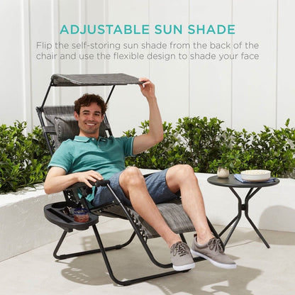 Grey Zero Gravity Folding Reclining Patio Lounge Chair with Canopy Sun Shade-0