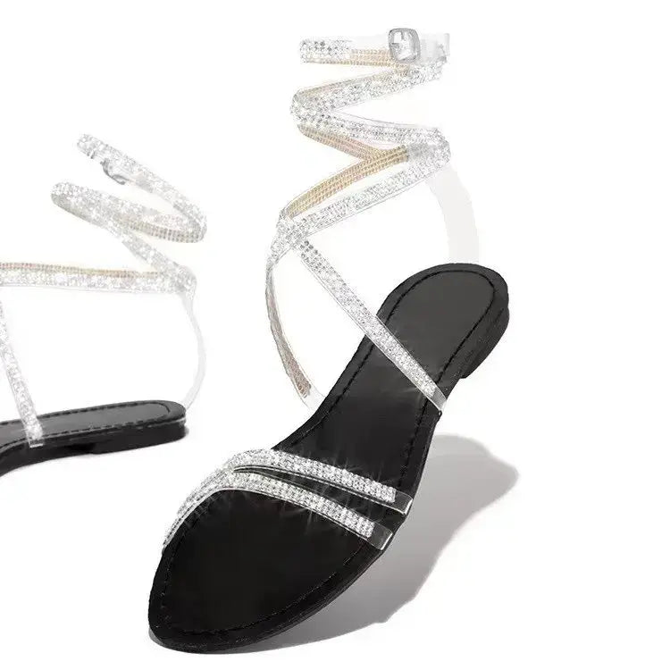New Rhinestone Women’s Sandals with Flat Sole and Large Size Winding Belt