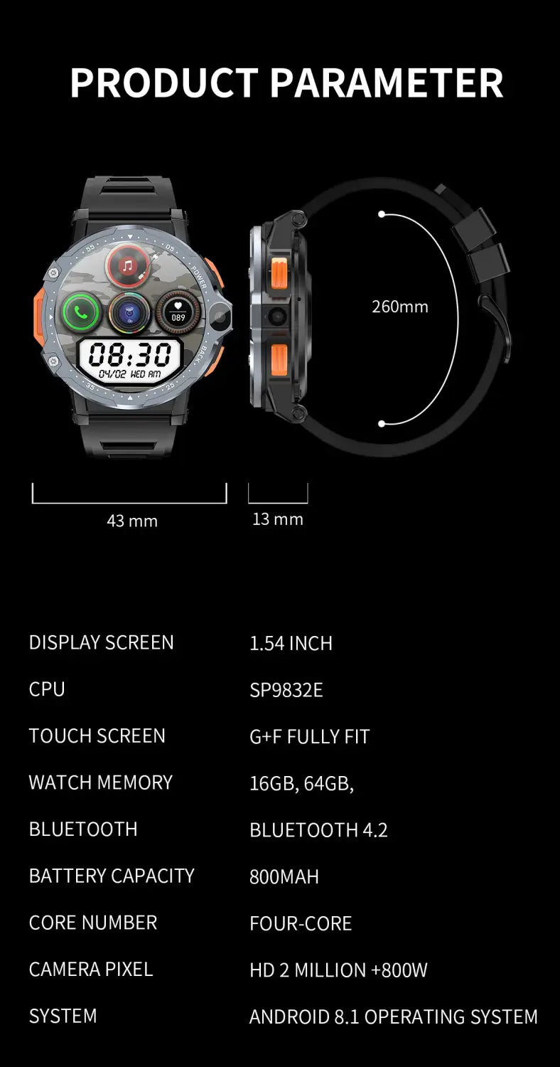 4G Android Smartwatch with Sim Card Slot GPS HD Camera 64GB ROM