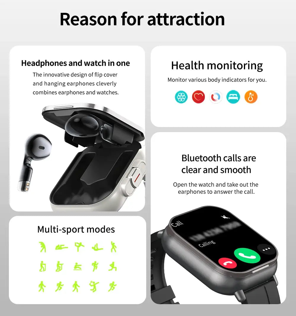 2024 new design Open-cover Smartwatch D8E BT Call Smartwatch with earbuds 2 in 1 headphones TWS NFC Fashion smartwatch