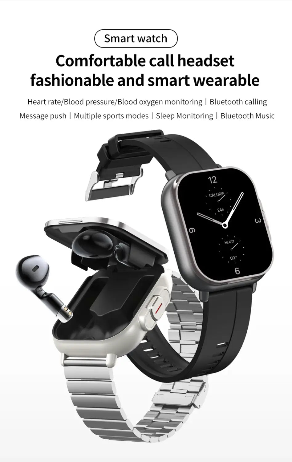 2024 new design Open-cover Smartwatch D8E BT Call Smartwatch with earbuds 2 in 1 headphones TWS NFC Fashion smartwatch