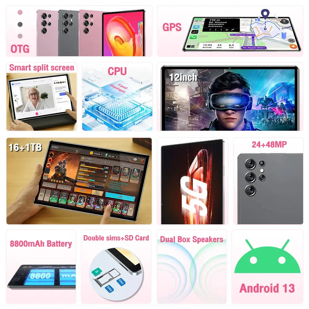 Pad Ultra original 16GB + 1TB 24MP + 48MP 12 Inch Tablet Double SIM SD Card Android 13 Tablet PC Laptop