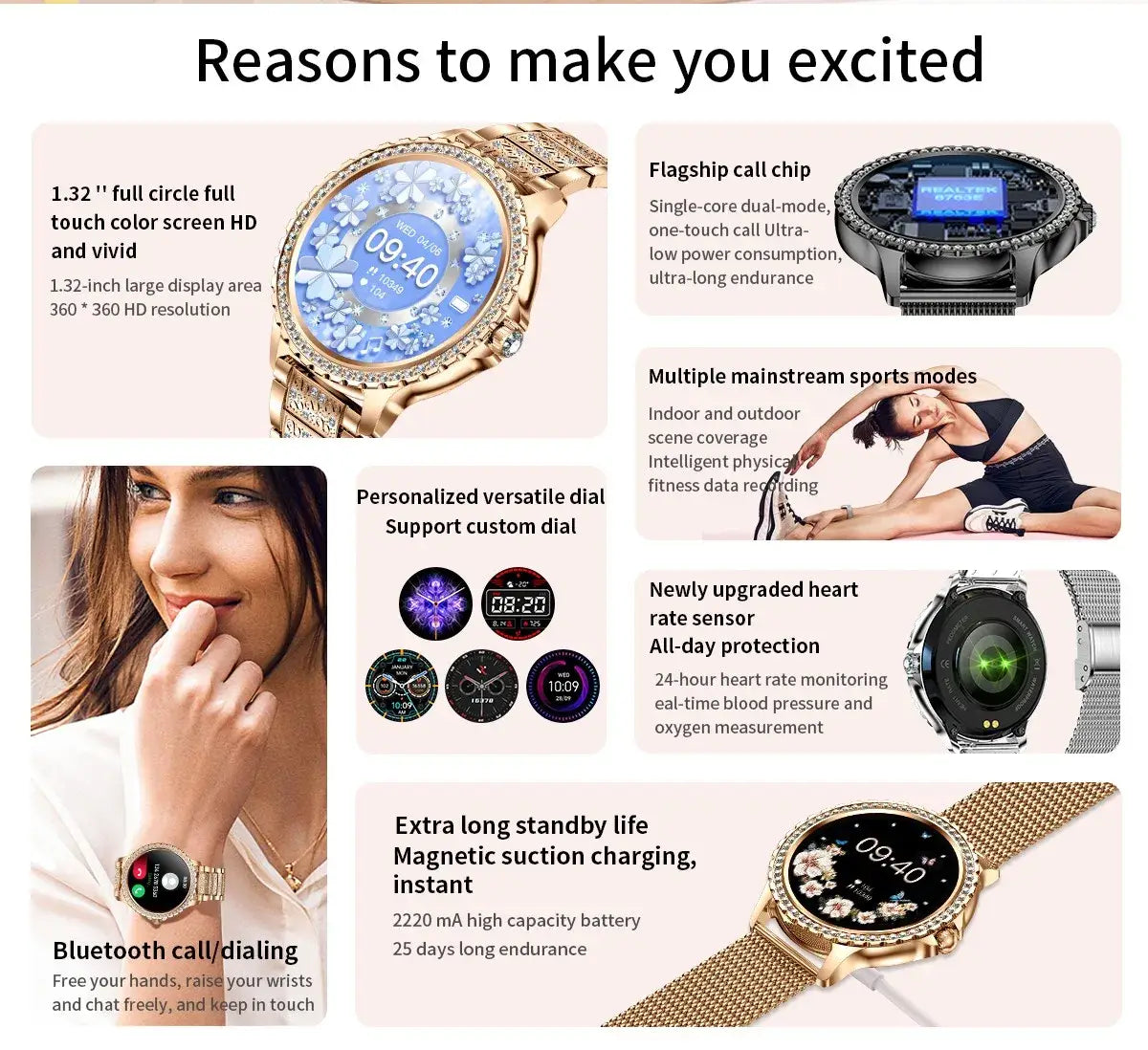 i58 Diamond Women Smartwatch Music Play Fitness Tracker BT Dial Call