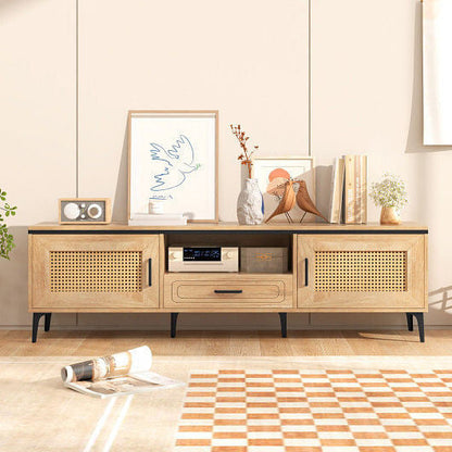Mid Century Modern Entertainment Center with 2 Cabinets and Storage Drawer-Oak-3