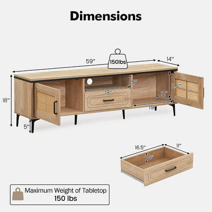 Mid Century Modern Entertainment Center with 2 Cabinets and Storage Drawer-Oak-2