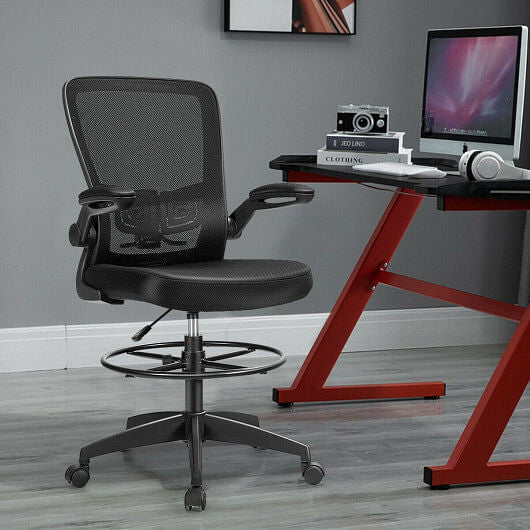 Height Adjustable Drafting Chair with Flip Up Arms-Black-4