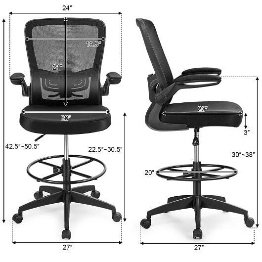 Height Adjustable Drafting Chair with Flip Up Arms-Black-3