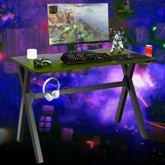 Ergonomic Gaming Desk with Mousepad and Cup Headphone Holder-3