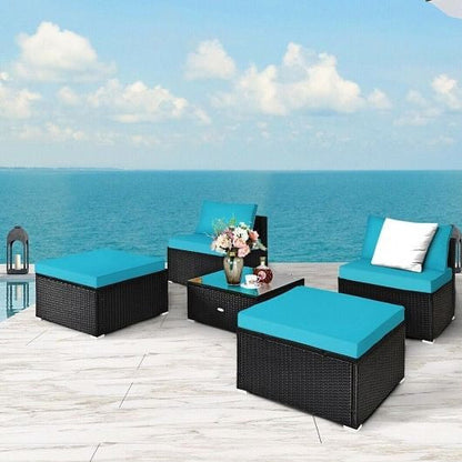 5 Pieces Patio Rattan Furniture Set with Cushioned Armless Sofa-White