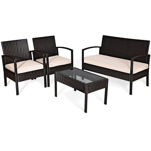 4 Pieces Patio Ratten Conversation Set with Loveseat Sofas and Coffee Table-4