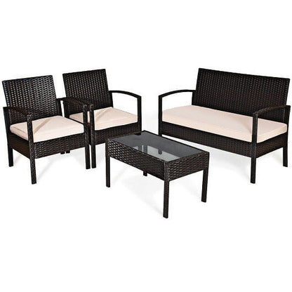 4 Pieces Patio Ratten Conversation Set with Loveseat Sofas and Coffee Table-4