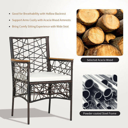 2 Pieces PE Wicker Patio Bistro Dining Chairs with Acacia Wood Armrests and Cushions-2