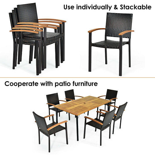 Set of 4 Outdoor Patio PE Rattan Dining Chairs with Powder-coated Steel Frame-2