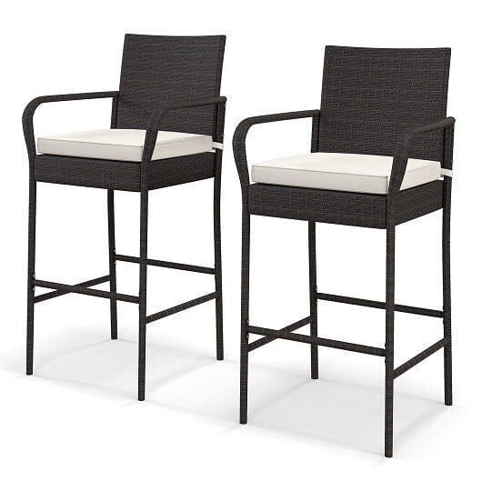 2/4 Pieces Outdoor PE Rattan Cushioned Barstool Set with Armrests-Set of 4-0