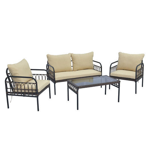 4 Pieces Outdoor Wicker Conversation Bistro Set with Soft Cushions and Tempered Glass Coffee Table--0